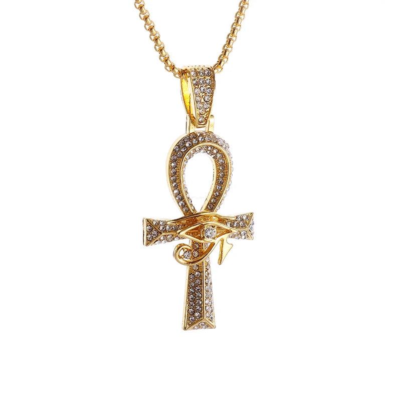 Iced Out Ancient Egyptian God Eye of Horus Ankh Cross Pendant Necklace Chain Men's and Women's Protection Amulet Jewelry Gift