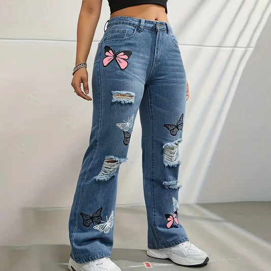 Oversized Womens Jeans Boyfriend Jeans Plus High Waist Wide Leg Jeans Woman Blue Jeans Butterfly Printed Trousers With Holes