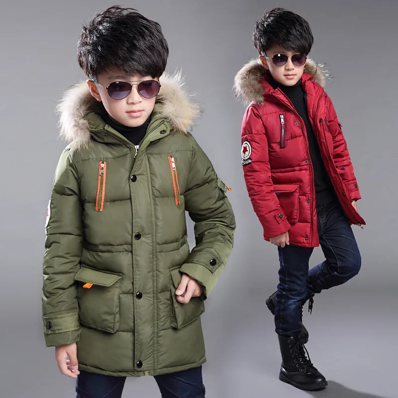 5-14 Years Big Boys Jacket Winter Thicken Warm Teenager Kids Jacket Fashion Long Style Zipper Hooded Children Outerwear Clothing