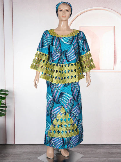 3XL 4XL Women Plus Size Clothing African Dashiki Print Wax Dress Wedding Party Traditional Gown Tops Skirt Two Piece Set Outfits