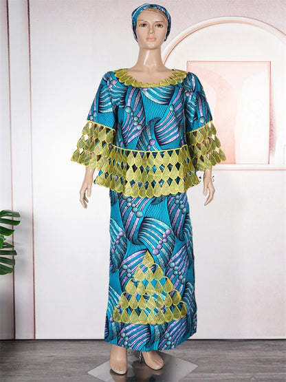 3XL 4XL Women Plus Size Clothing African Dashiki Print Wax Dress Wedding Party Traditional Gown Tops Skirt Two Piece Set Outfits