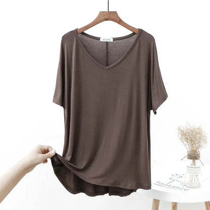 Plus size V-Neck Tshirt Solid color Women's casual T-shirt Short sleeves High-low Tee Tops all match