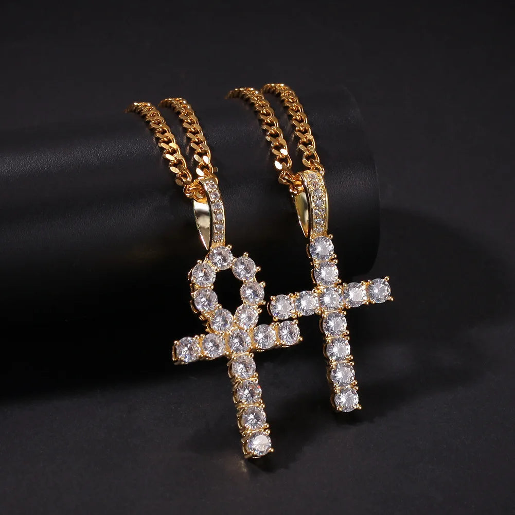 Bling Ankh Cross Necklace For Men Women Hip Hop Alloy Punk Cross Jewelry Full Rhinestone