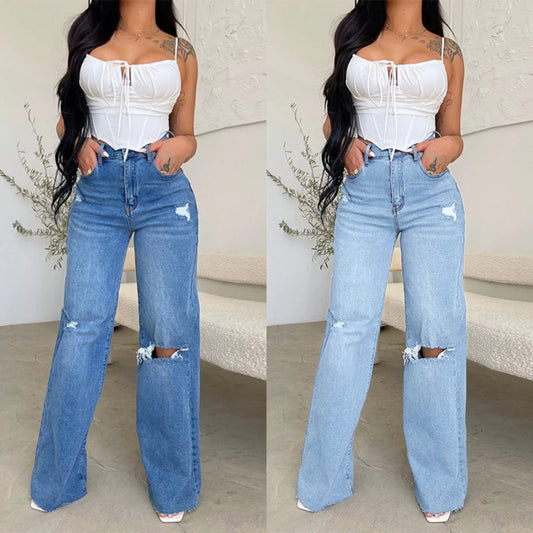 2023 Fall New Women's High Waist Ripped Jeans Fashion Loose Denim Wide Leg Pants Casual Female Trousers S-2XL Drop Shipping