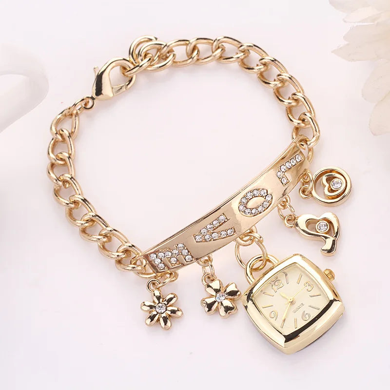 Women Watches with Letters Rhinestone Inlaid Chain Bracelet Flower Pendant Wrist Watch Ladies Dress Watches Gift Zegarek Damski