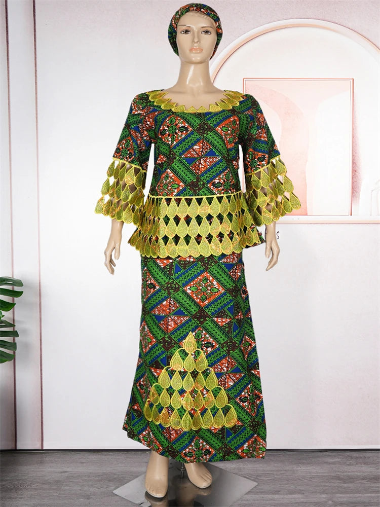 3XL 4XL Women Plus Size Clothing African Dashiki Print Wax Dress Wedding Party Traditional Gown Tops Skirt Two Piece Set Outfits