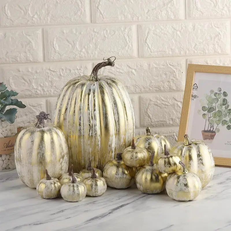 Simulated Golden Pumpkin Set Halloween Centerpiece Props 14pcs Assorted Faux Harvest Pumpkins for Home Garden Patio Yard Hotel