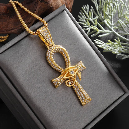 Iced Out Ancient Egyptian God Eye of Horus Ankh Cross Pendant Necklace Chain Men's and Women's Protection Amulet Jewelry Gift