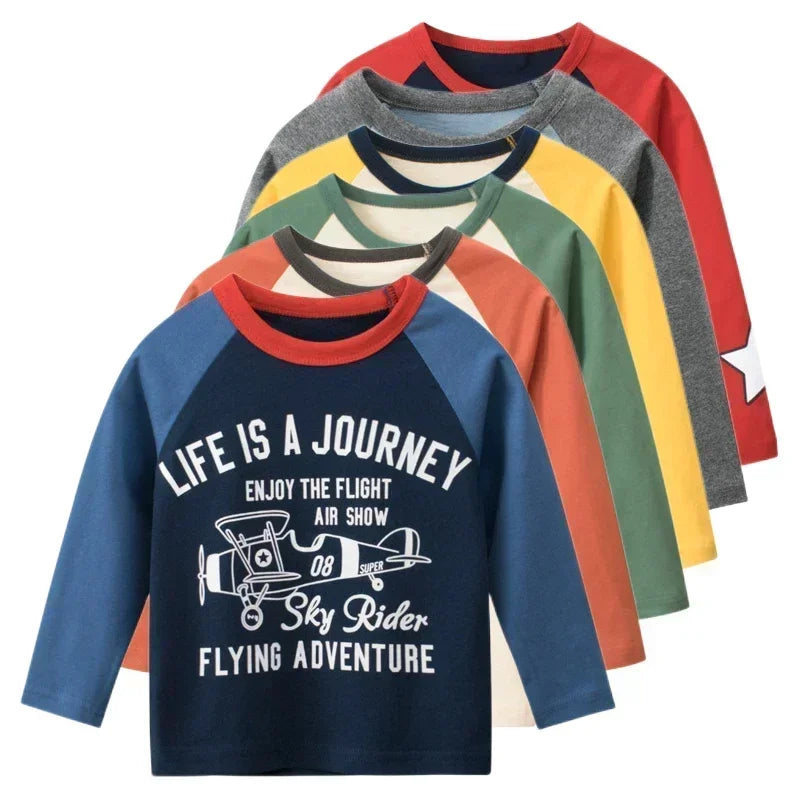 2024 Autumn Children's Clothing Cartoon Long Sleeve T-shirt for Boys Animal Letter Plane Tops Tees Kids Clothes Dropshipping