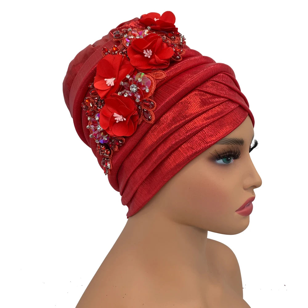 2024 New African Women's Turban Cap Nigeria Auto Gele Headtie Already Made Wedding Geles Female Head Wraps with Diamond Flower