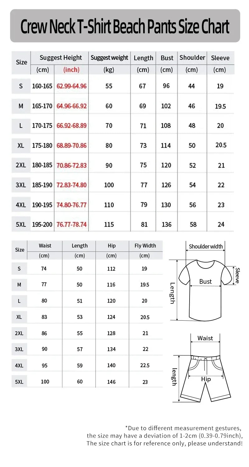 Summer beach 3D printed men's T-shirt suit gradient sportswear fitness plus size clothing two-piece round neck T-shirt shorts