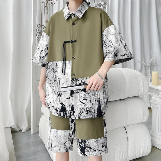 M-XXXXXL Plus Size Men's 2 Piece Outfits Painting Print Short Sleeve Button Down Hawaii Shirt and Beach Shorts Set Chinese Type