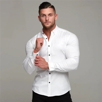 Men's Long Sleeve Super Slim Fit Plain Casual Shirt Spring Autumn Winter High Quality Turn Down Collar Business Dress Shirt Men