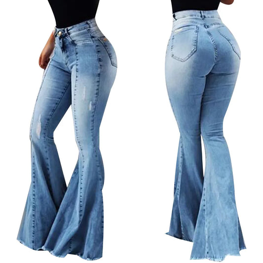 Women Jeans Slim Fit Denim Pants Bell Bottom High Waist Bootleg Jeans Stretch Female Flare Trouser Fashion Wide Leg Ripped Jeans