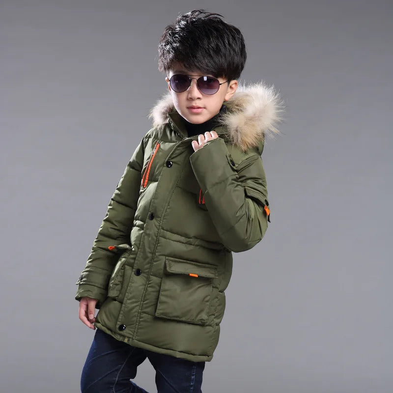 5-14 Years Big Boys Jacket Winter Thicken Warm Teenager Kids Jacket Fashion Long Style Zipper Hooded Children Outerwear Clothing