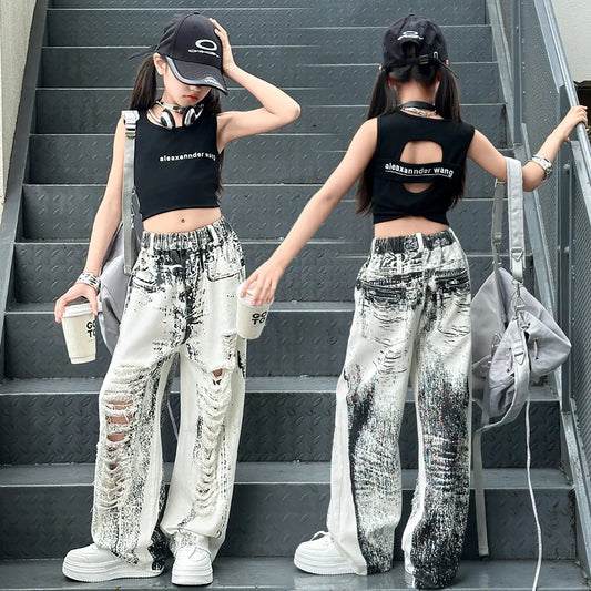 teenager girls hole tie dyed jeans large fille youngsters big ripped Wide leg pants junior kids trousers cotton Sleeveless tops