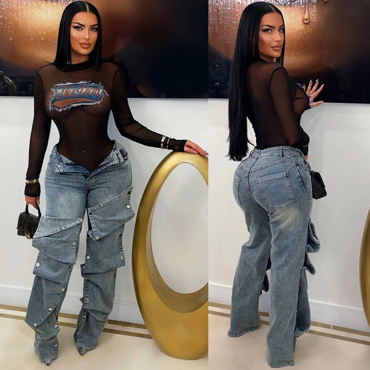 Women Streetwear Button Cutout Cargo Straight Denim Wide Leg Jeans Pants 2024 Elastic INS Fashion Party Cargo Trousers