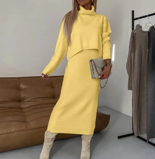 Hot Selling 2024 Women's Best-Selling Single Color Multifunctional Casual High Neck Long Sleeved Sweater and Long Skirt Set