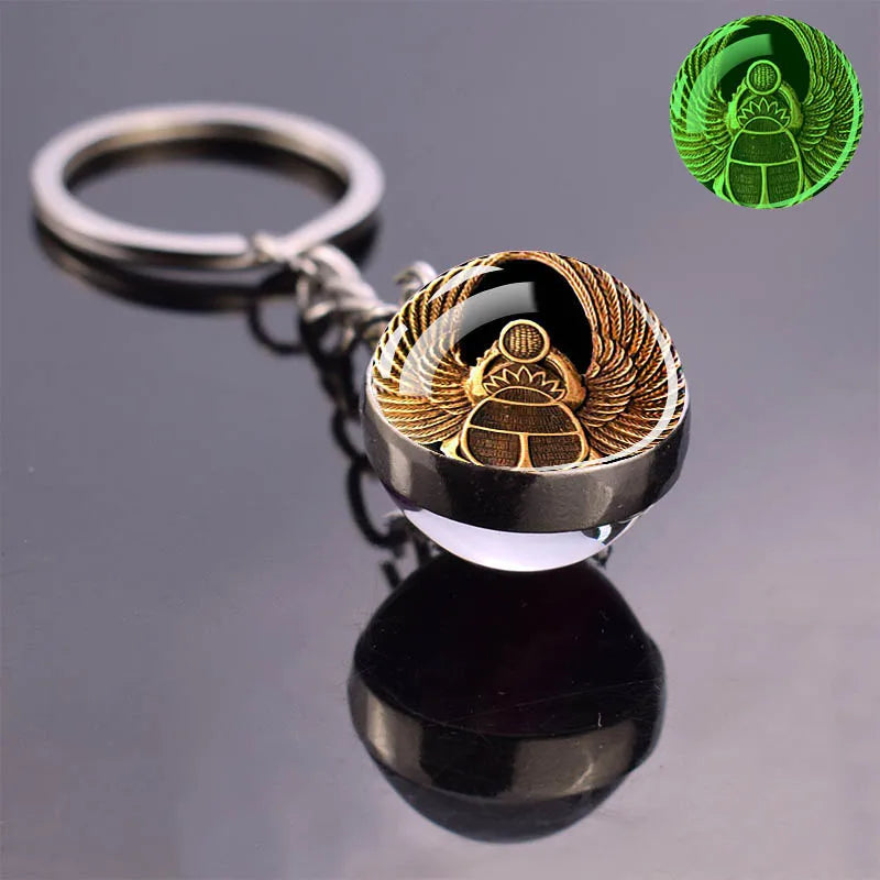 Ancient Egypt Culture Luminous Keychain Glow In The Dark Glass Ball Keyring Ankh Sphinx Anubis Scarab Goddess Egyptian Jewelry