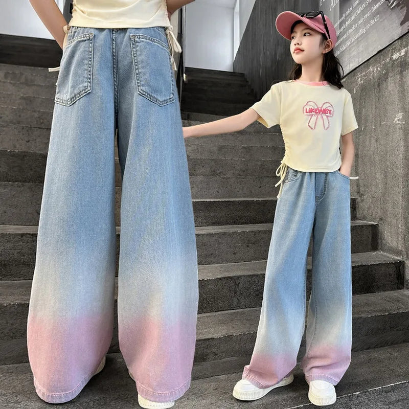 2024 Big Teens Girl Tencel Wide-Leg Jeans Kids Girls Gradient Color Pants Children Outwear Long Trousers Girl Clothing 4-12Years