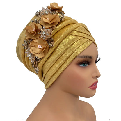 2024 New African Women's Turban Cap Nigeria Auto Gele Headtie Already Made Wedding Geles Female Head Wraps with Diamond Flower