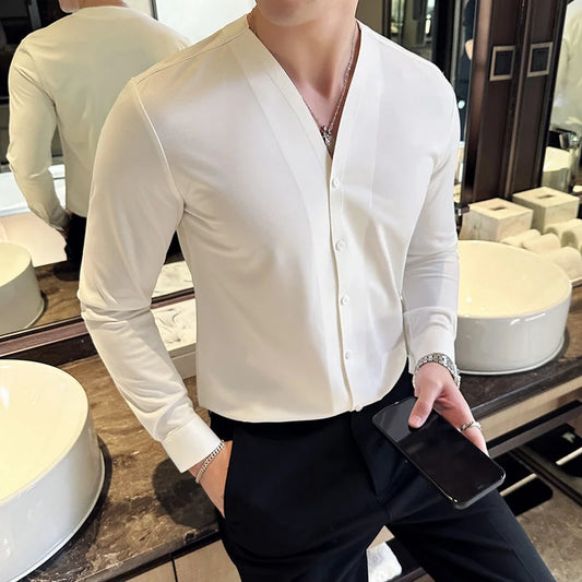 2023 New Seamless Men's Shirt Long Sleeve V-neck Casual Shirts Fashion Slim Fit Business Formal Dress Shirts Social Banquet Tops