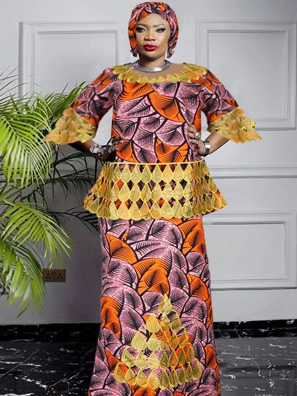 3XL 4XL Women Plus Size Clothing African Dashiki Print Wax Dress Wedding Party Traditional Gown Tops Skirt Two Piece Set Outfits