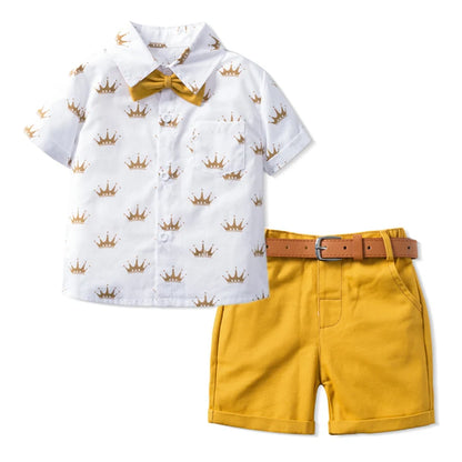 Birthday Suit For 1 2 3 4 5 6 Years Boys Kids Summer Cotton Clothes Crown Printed T-shirt Yellow Shorts 4 PCS Casual Outfit