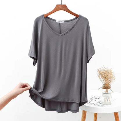 Plus size V-Neck Tshirt Solid color Women's casual T-shirt Short sleeves High-low Tee Tops all match