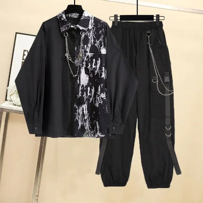 Fashionable Men's Sets Korean Style Loose Tie-Dyed Shirt +Black Cargo Pants with Chain Hip-Hop Plus Size Man Clothes Outfits