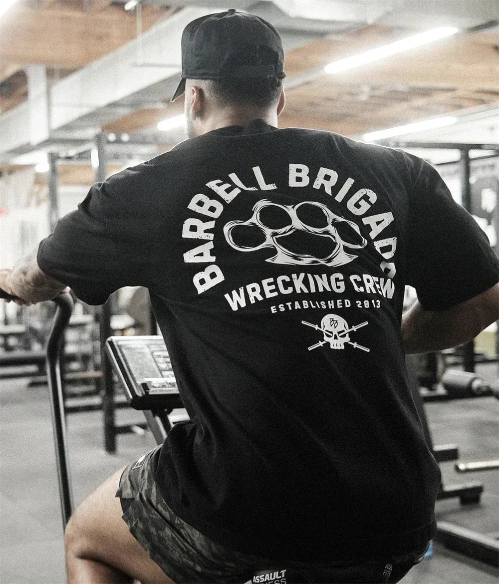 Barbell CREW Black Tee Brand Gym Clothing Fitness T Shirt Men Running T-shirt Thick 100% Cotton Bodybuilding Muscle Tops