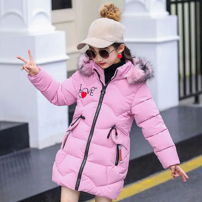 3-12 Years Old Thick Keep Warm Winter Girls Jacket Fur Collar Heart Pattern Padded Detachable hat Hooded Heavy Coat For Children