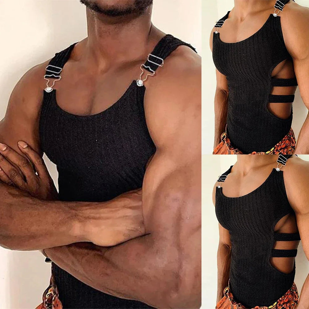 Mens Knitted Slim Crop Tops Fashion Side Hollow Sleeveless Adjustable Vests Erotic Sweatshirt Muscle Tank T Shirt Muscle Vest