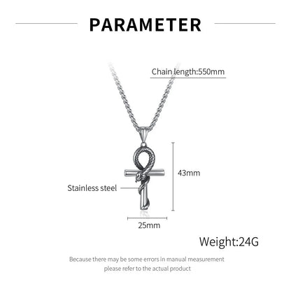 Stainless Steel Snake Cross Pendant Necklace for Men Women Vintage Egyptian Ankh Jewerly