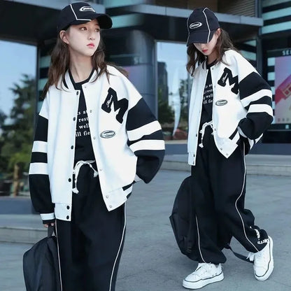 2024 Spring Children Tracksuit Teen Girls Baseball Uniform Suits Sports Jackets +Pants 2Pcs Outfits Korean Style JK Loungewear