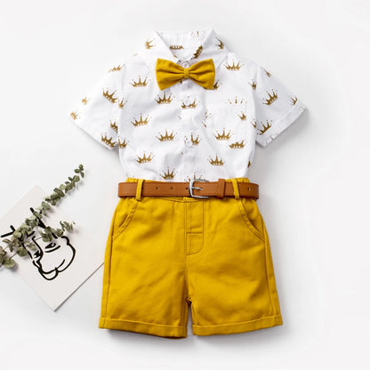 Birthday Suit For 1 2 3 4 5 6 Years Boys Kids Summer Cotton Clothes Crown Printed T-shirt Yellow Shorts 4 PCS Casual Outfit