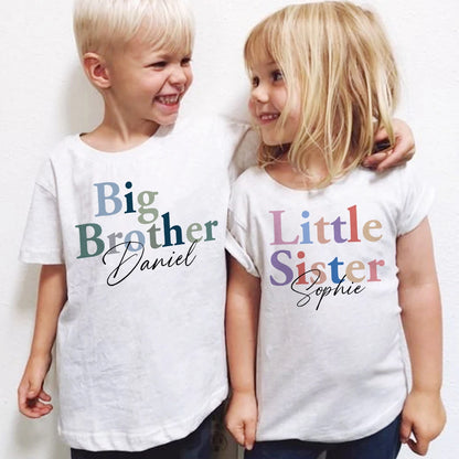 Big Brothes Little Sister with Name Kid T-shirt Personalised Boy Girl Matching Outfit Tops Summer Sibling T Shirt Child Clothes