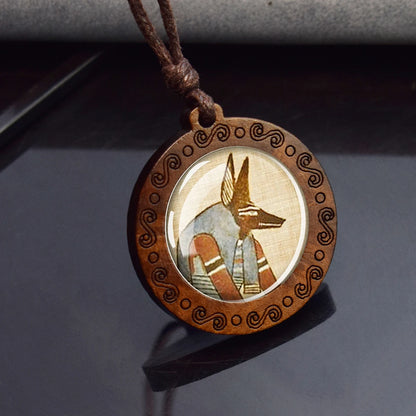 Ancient Egypt Pendants Ankh Anubis Scarab Sphinx Isis Goddess Wood Pendant Rope Chains Necklace for Women Men Egyptian Jewelry