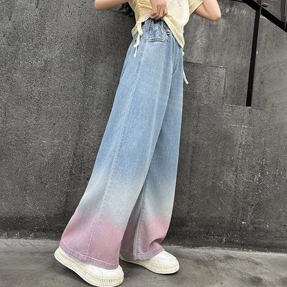 2024 Big Teens Girl Tencel Wide-Leg Jeans Kids Girls Gradient Color Pants Children Outwear Long Trousers Girl Clothing 4-12Years