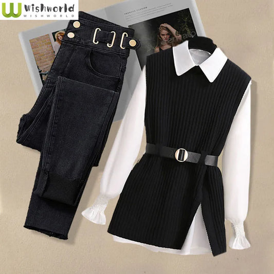 Large Autumn and Winter Suit for Women 2024 New Korean Fashion Knitted Vest Shirt Casual Slim Jeans Three Piece Set