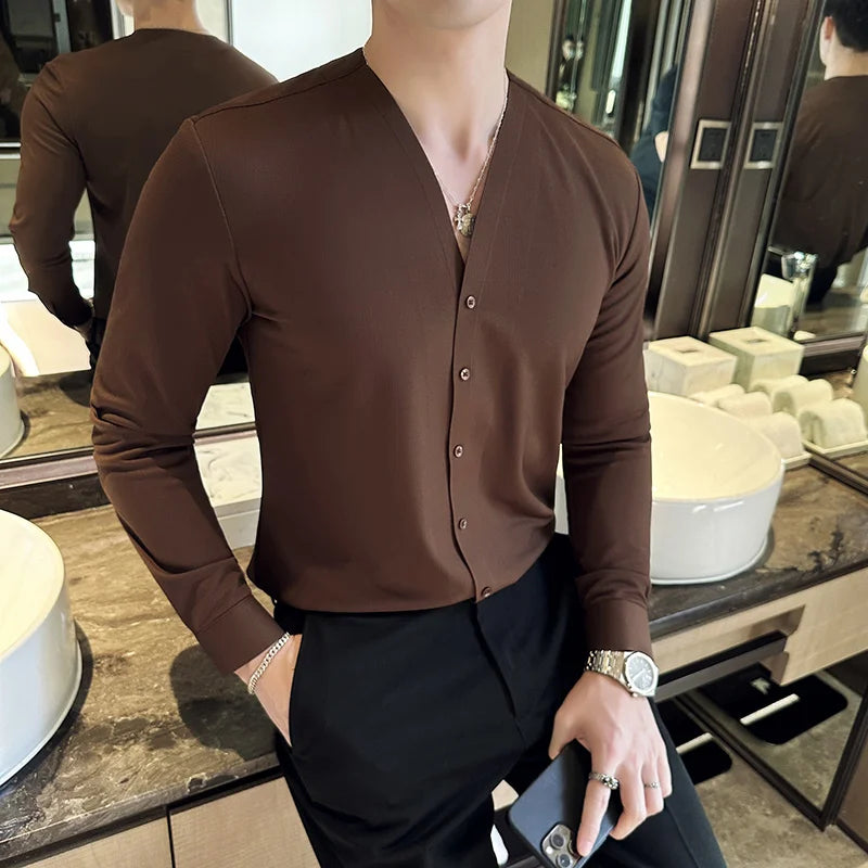 2023 New Seamless Men's Shirt Long Sleeve V-neck Casual Shirts Fashion Slim Fit Business Formal Dress Shirts Social Banquet Tops