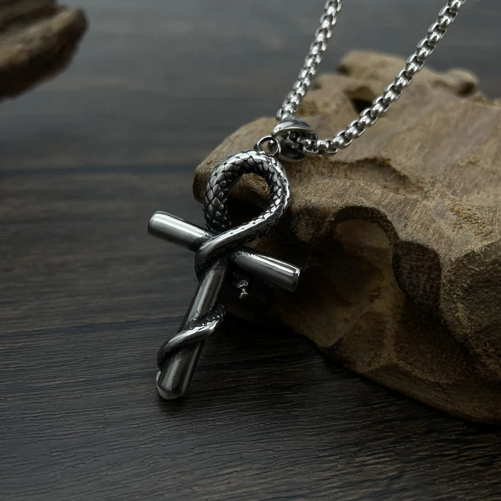 Stainless Steel Snake Cross Pendant Necklace for Men Women Vintage Egyptian Ankh Jewerly