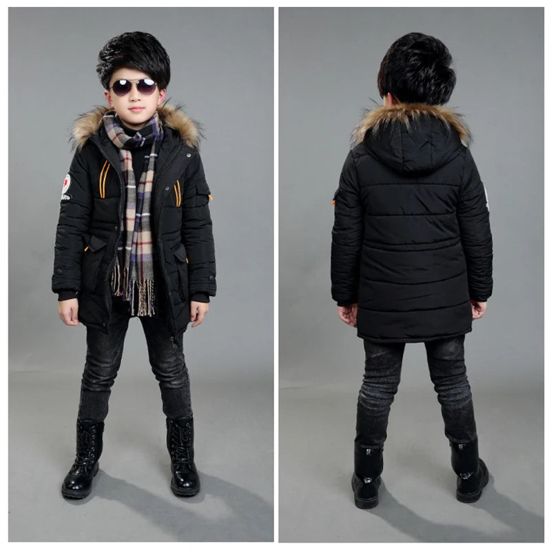 5-14 Years Big Boys Jacket Winter Thicken Warm Teenager Kids Jacket Fashion Long Style Zipper Hooded Children Outerwear Clothing