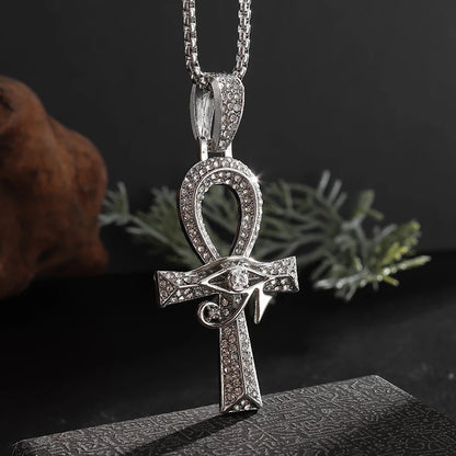 Iced Out Ancient Egyptian God Eye of Horus Ankh Cross Pendant Necklace Chain Men's and Women's Protection Amulet Jewelry Gift