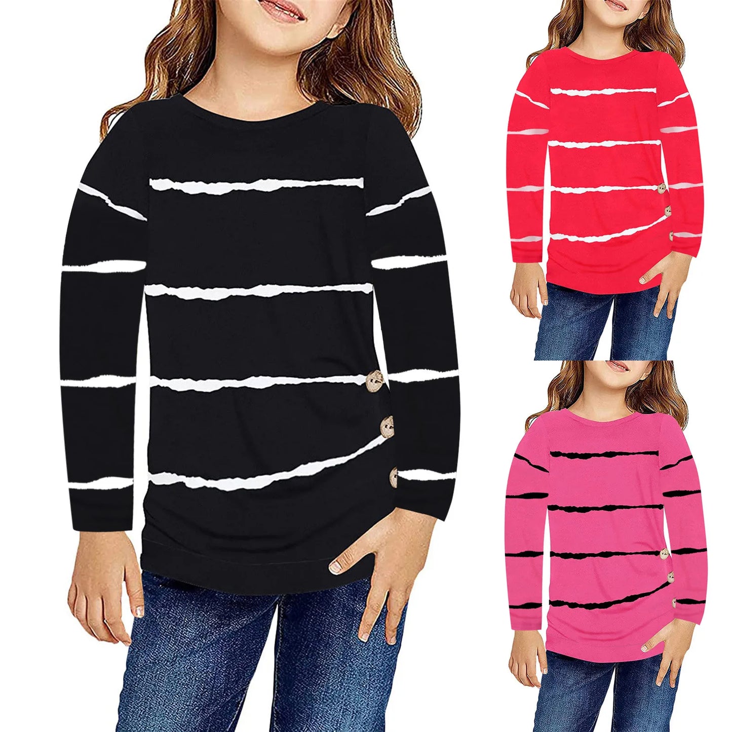 4 to 13 Years Old Kids Little Girls Casual T Shirts Autumn Long Sleeve Tops Striped Crewneck Tunic Tops Kids Tee Blouses T-Shirt