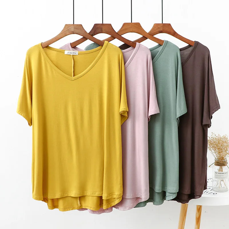 Plus size V-Neck Tshirt Solid color Women's casual T-shirt Short sleeves High-low Tee Tops all match