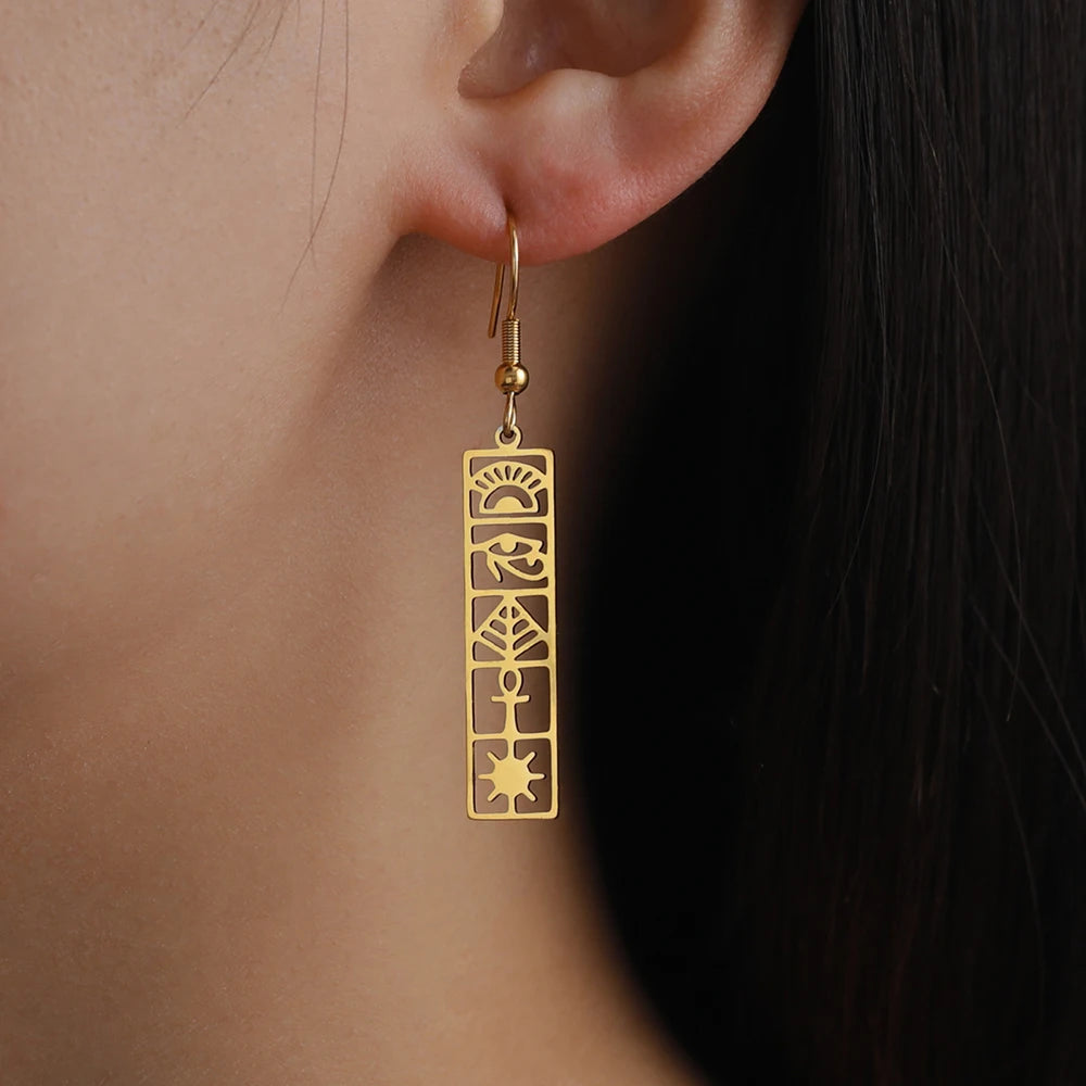 Dawapara Ancient Egyptian Cartouche Hieroglyph Symbols Earrings Eye of Horus Ankh Cross Spiritual Jewelry Stainless Steel Amulet