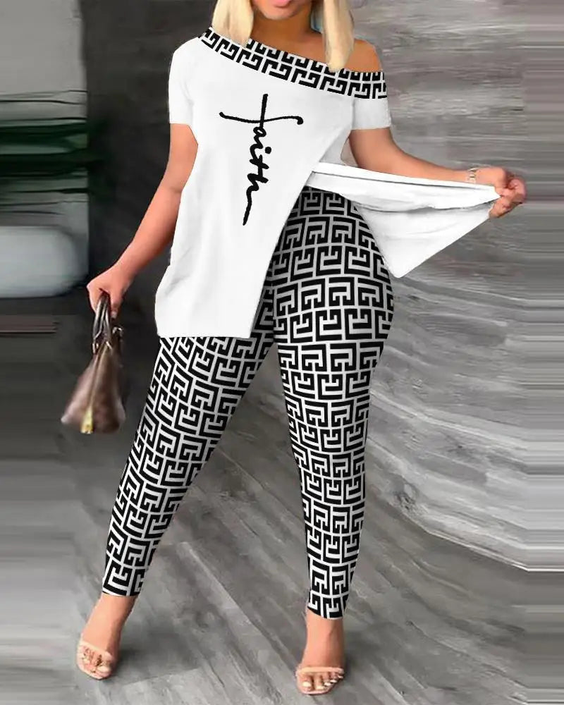 Women's Printed Two-piece Set With Slit  Irregular Sloped Collar Top T-shirt  Printed Trousers Two-piece Set  Fashionable