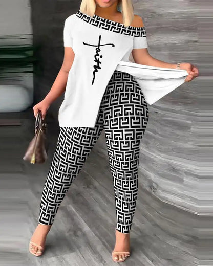 Women's Printed Two-piece Set With Slit  Irregular Sloped Collar Top T-shirt  Printed Trousers Two-piece Set  Fashionable