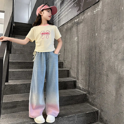 2024 Big Teens Girl Tencel Wide-Leg Jeans Kids Girls Gradient Color Pants Children Outwear Long Trousers Girl Clothing 4-12Years